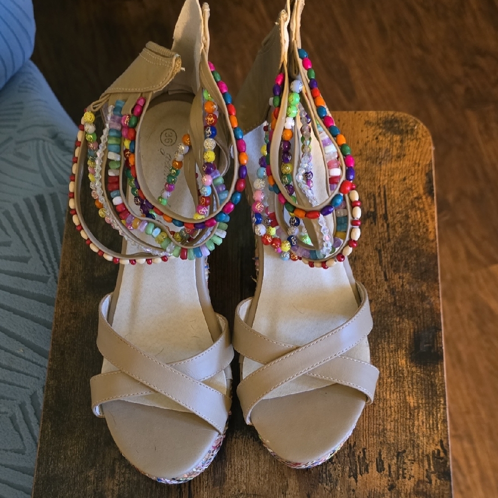 Beaded Ankle-Strap Wedge Sandals - Tan